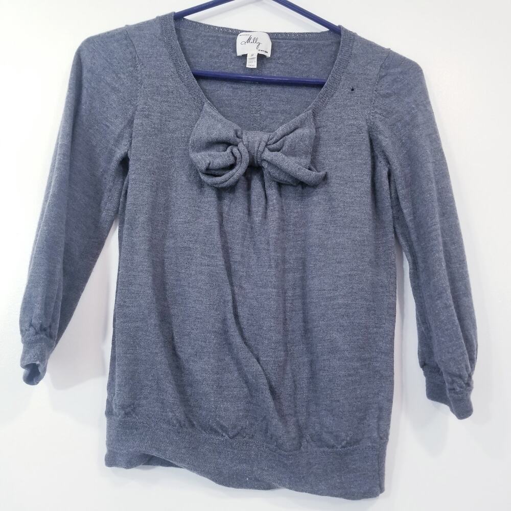 Milly of New York 100% Merino Wool Bow Gray Knit Blouse 3/4 Sleeves